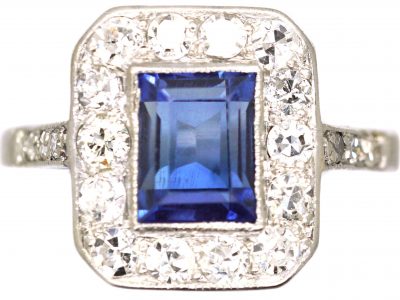 Art Deco Platinum Sapphire & Diamond Rectangular Ring with Diamond Set Shoulders
