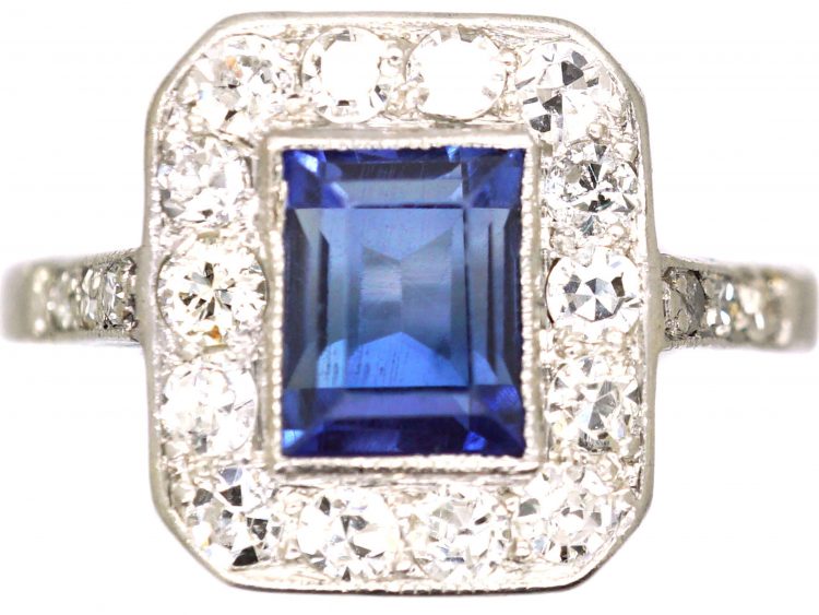 Art Deco Platinum Sapphire & Diamond Rectangular Ring with Diamond Set Shoulders