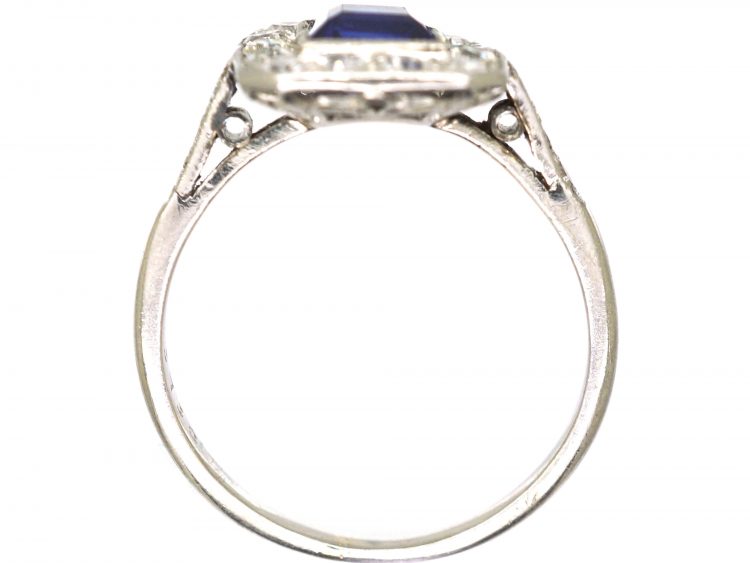 Art Deco Platinum Sapphire & Diamond Rectangular Ring with Diamond Set Shoulders