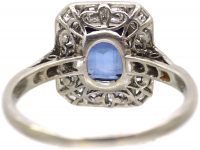 Art Deco Platinum Sapphire & Diamond Rectangular Ring with Diamond Set Shoulders