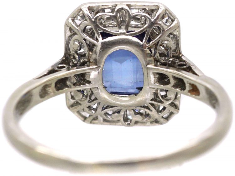 Art Deco Platinum Sapphire & Diamond Rectangular Ring with Diamond Set Shoulders