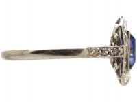 Art Deco Platinum Sapphire & Diamond Rectangular Ring with Diamond Set Shoulders