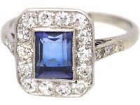 Art Deco Platinum Sapphire & Diamond Rectangular Ring with Diamond Set Shoulders