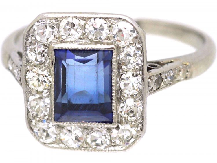 Art Deco Platinum Sapphire & Diamond Rectangular Ring with Diamond Set Shoulders