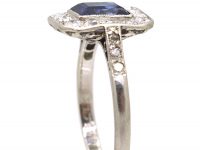 Art Deco Platinum Sapphire & Diamond Rectangular Ring with Diamond Set Shoulders