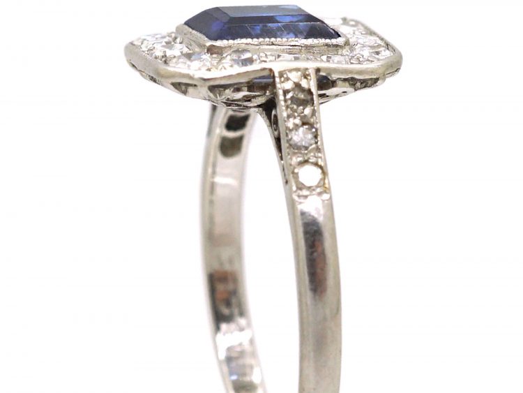 Art Deco Platinum Sapphire & Diamond Rectangular Ring with Diamond Set Shoulders