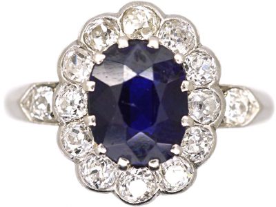 Edwardian 18ct White Gold, Sapphire & Diamond Cluster Ring with Diamond set Shoulders