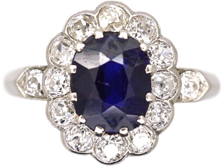 Edwardian 18ct White Gold, Sapphire & Diamond Cluster Ring with Diamond set Shoulders