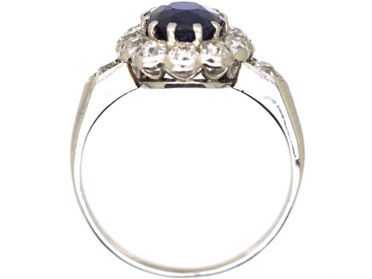 Edwardian 18ct White Gold, Sapphire & Diamond Cluster Ring with Diamond set Shoulders