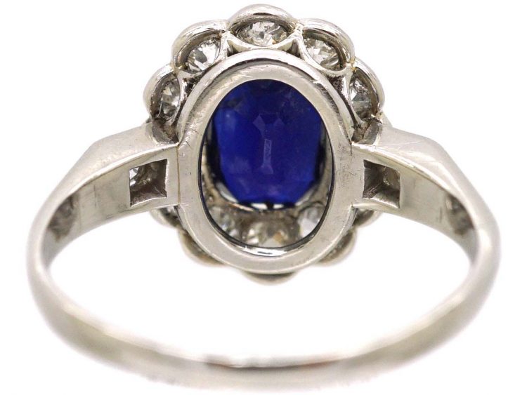 Edwardian 18ct White Gold, Sapphire & Diamond Cluster Ring with Diamond set Shoulders