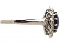 Edwardian 18ct White Gold, Sapphire & Diamond Cluster Ring with Diamond set Shoulders