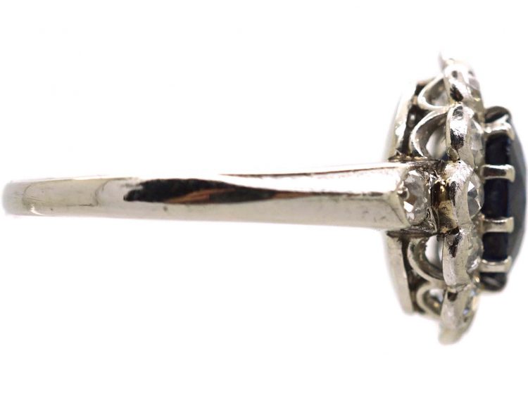 Edwardian 18ct White Gold, Sapphire & Diamond Cluster Ring with Diamond set Shoulders