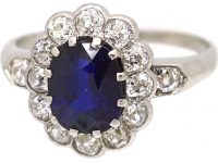 Edwardian 18ct White Gold, Sapphire & Diamond Cluster Ring with Diamond set Shoulders