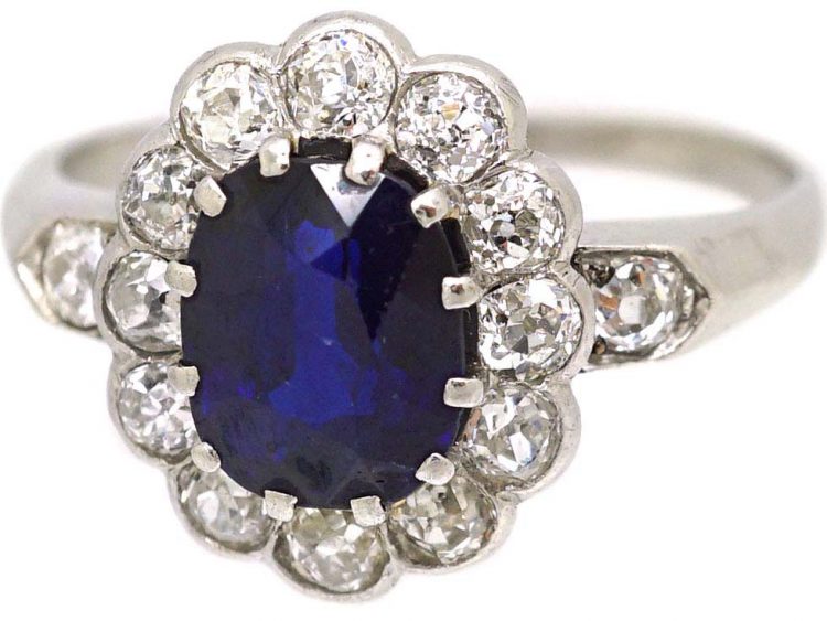 Edwardian 18ct White Gold, Sapphire & Diamond Cluster Ring with Diamond set Shoulders