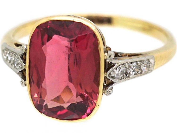 Edwardian 18ct Gold & Platinum Pink Tourmaline Ring with Diamond Detail on the Shoulders