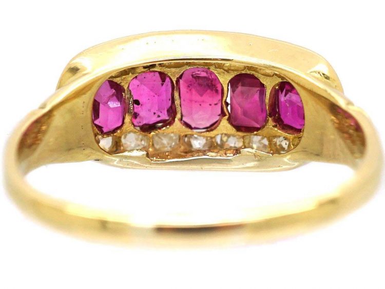 Edwardian 18ct Gold Five Stone Ruby & Diamond Boat Shaped Ring