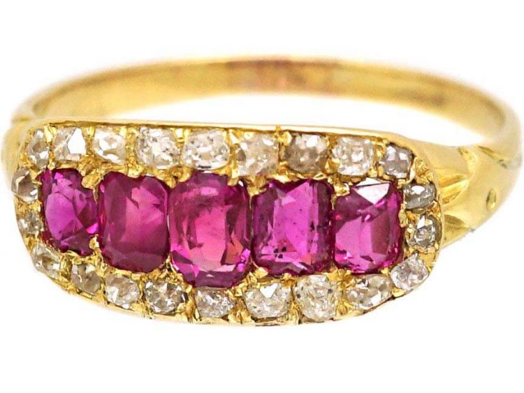 Edwardian 18ct Gold Five Stone Ruby & Diamond Boat Shaped Ring