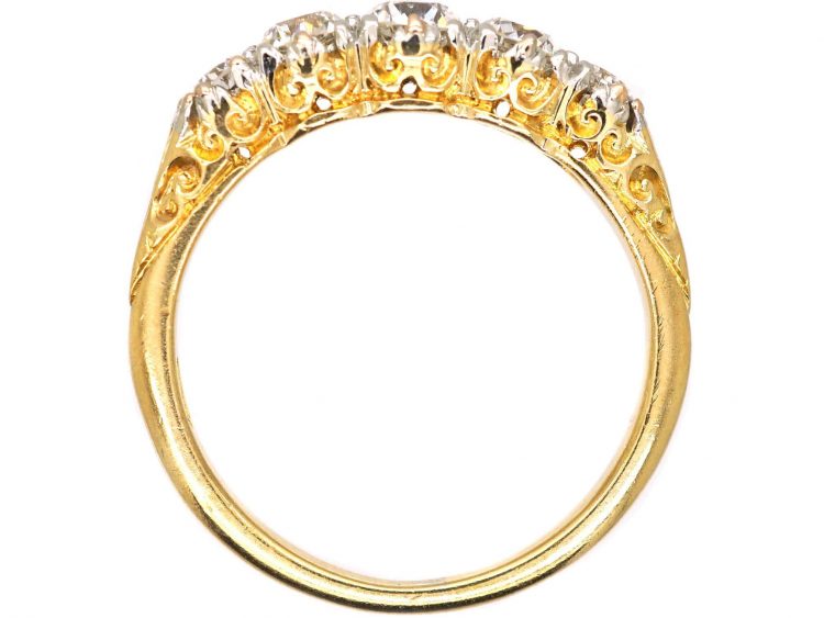 Edwardian 18ct Gold, Five Stone Diamond Carved Half Hoop Ring