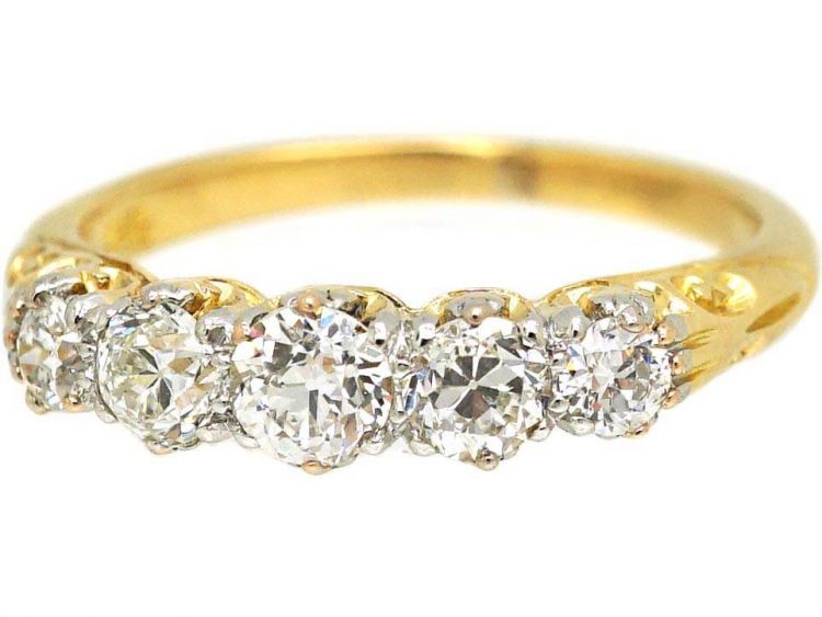 Edwardian 18ct Gold, Five Stone Diamond Carved Half Hoop Ring