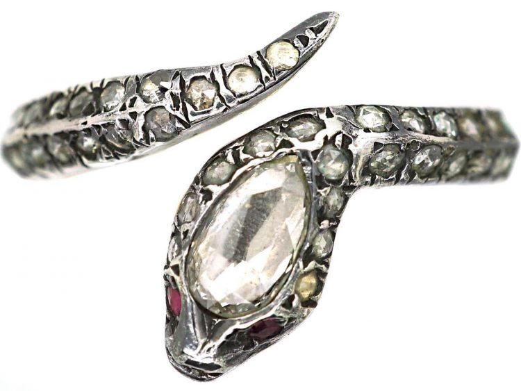 Victorian Silver & Gold Snake Ring set with Rose Diamonds