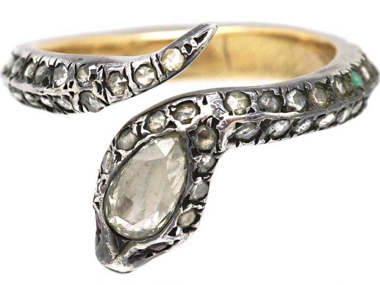 Victorian Silver & Gold Snake Ring set with Rose Diamonds