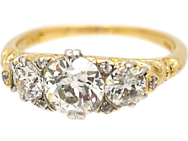Edwardian 18ct Gold Three Stone Diamond Ring with Diamond Points by Alabaster & Wilson