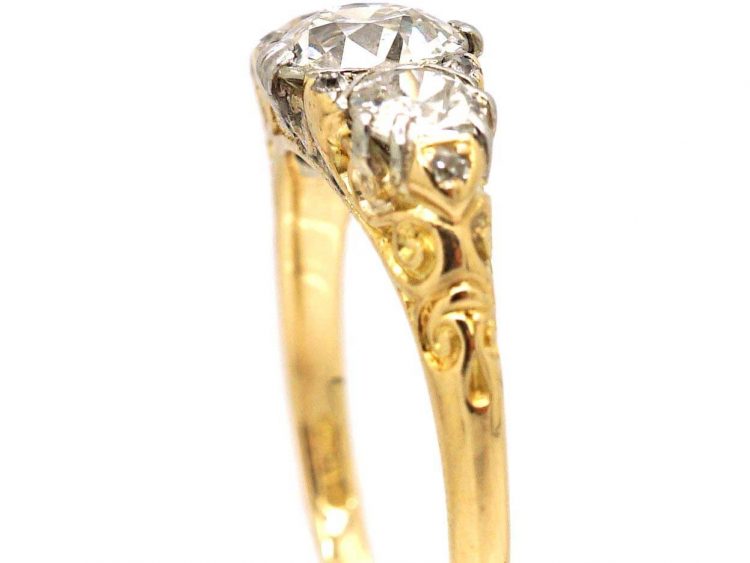 Edwardian 18ct Gold Three Stone Diamond Ring with Diamond Points by Alabaster & Wilson