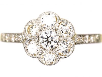 Edwardian 18ct Gold & Platinum, Diamond Cluster Ring with Diamond set Shoulders