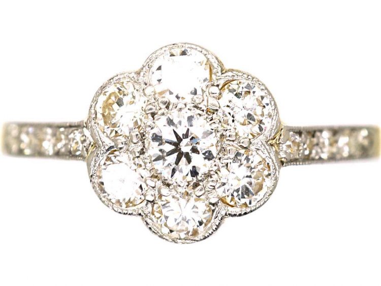 Edwardian 18ct Gold & Platinum, Diamond Cluster Ring with Diamond set Shoulders