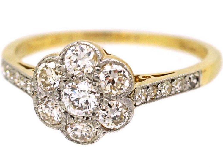 Edwardian 18ct Gold & Platinum, Diamond Cluster Ring with Diamond set Shoulders