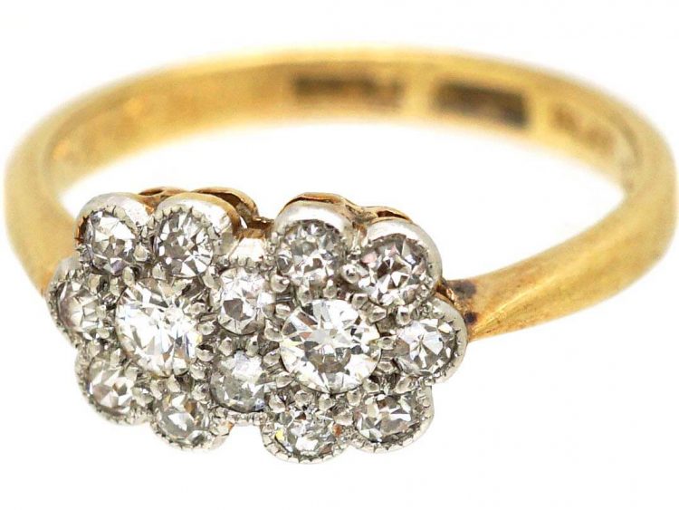Edwardian 18ct Gold & Platinum Double Daisy Cluster Diamond Ring