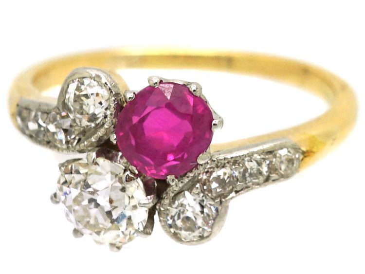 Edwardian 18ct Gold & Platinum, Pink Sapphire & Diamond Crossover Ring