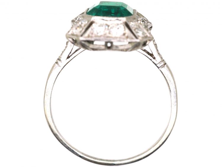 Art Deco 18ct White Gold Emerald & Diamond Rectangular Ring