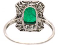 Art Deco 18ct White Gold Emerald & Diamond Rectangular Ring