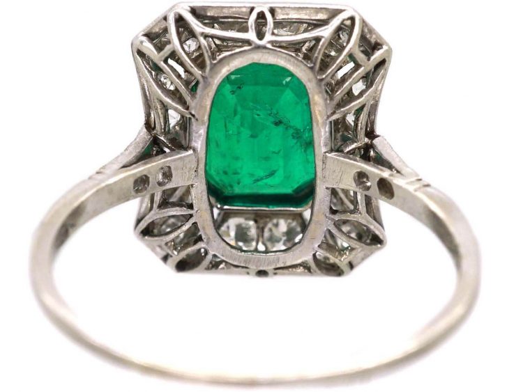 Art Deco 18ct White Gold Emerald & Diamond Rectangular Ring