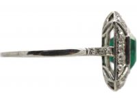 Art Deco 18ct White Gold Emerald & Diamond Rectangular Ring