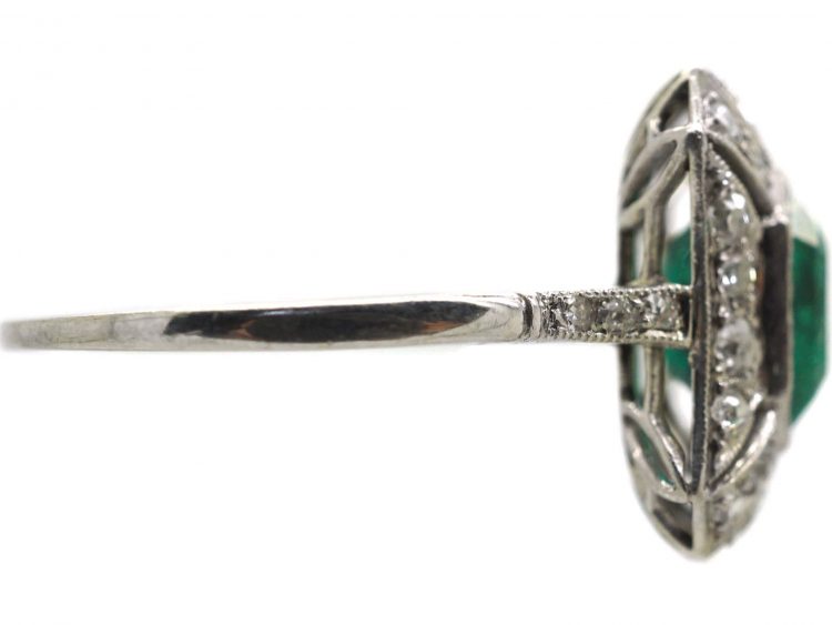 Art Deco 18ct White Gold Emerald & Diamond Rectangular Ring