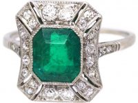 Art Deco 18ct White Gold Emerald & Diamond Rectangular Ring
