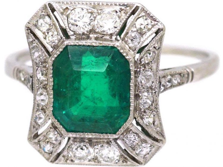 Art Deco 18ct White Gold Emerald & Diamond Rectangular Ring