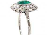 Art Deco 18ct White Gold Emerald & Diamond Rectangular Ring