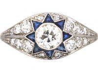 Art Deco Platinum Ring with Star Motif set with Diamonds & Sapphires