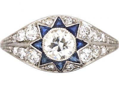 Art Deco Platinum Ring with Star Motif set with Diamonds & Sapphires