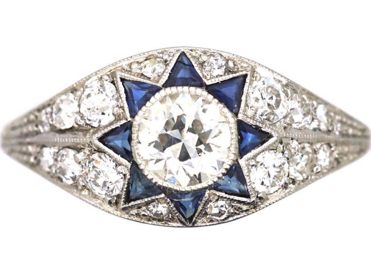 Art Deco Platinum Ring with Star Motif set with Diamonds & Sapphires
