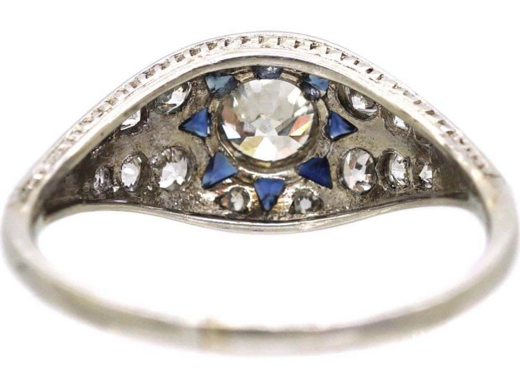 Art Deco Platinum Ring with Star Motif set with Diamonds & Sapphires