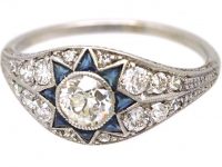Art Deco Platinum Ring with Star Motif set with Diamonds & Sapphires