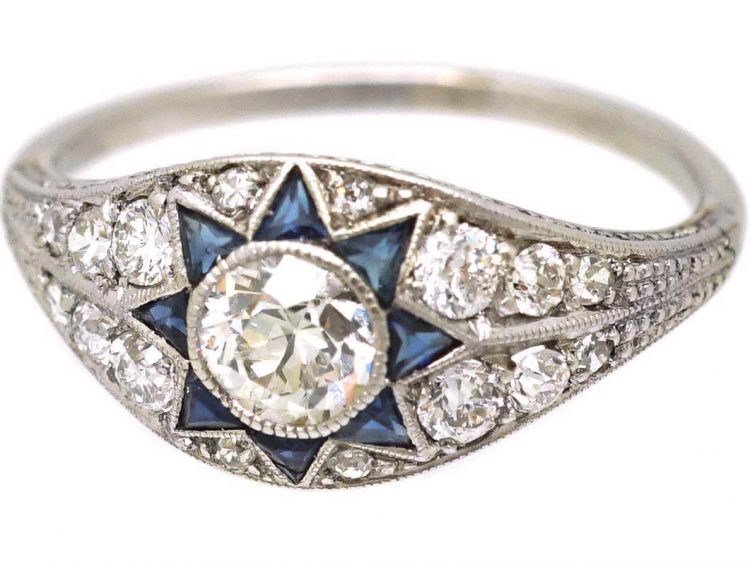 Art Deco Platinum Ring with Star Motif set with Diamonds & Sapphires