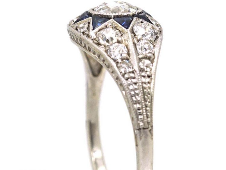 Art Deco Platinum Ring with Star Motif set with Diamonds & Sapphires