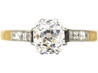 Edwardian 18ct Gold & Platinum Cushion Cut Diamond Solitaire Ring with Diamond set Shoulders