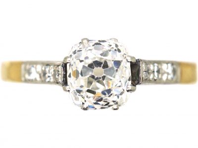 Edwardian 18ct Gold & Platinum Cushion Cut Diamond Solitaire Ring with Diamond set Shoulders