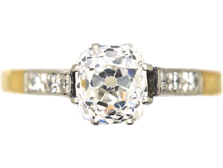 Edwardian 18ct Gold & Platinum Cushion Cut Diamond Solitaire Ring with Diamond set Shoulders